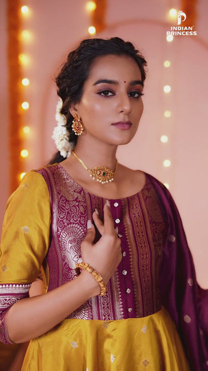 Mustard Yellow Anarkali Set with Wine Purple Dupatta