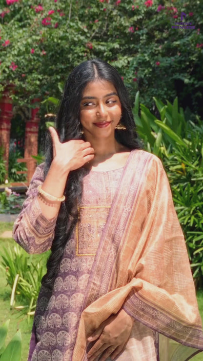 Mauve Purple Printed Straight Kurta Set with Beige Dupatta