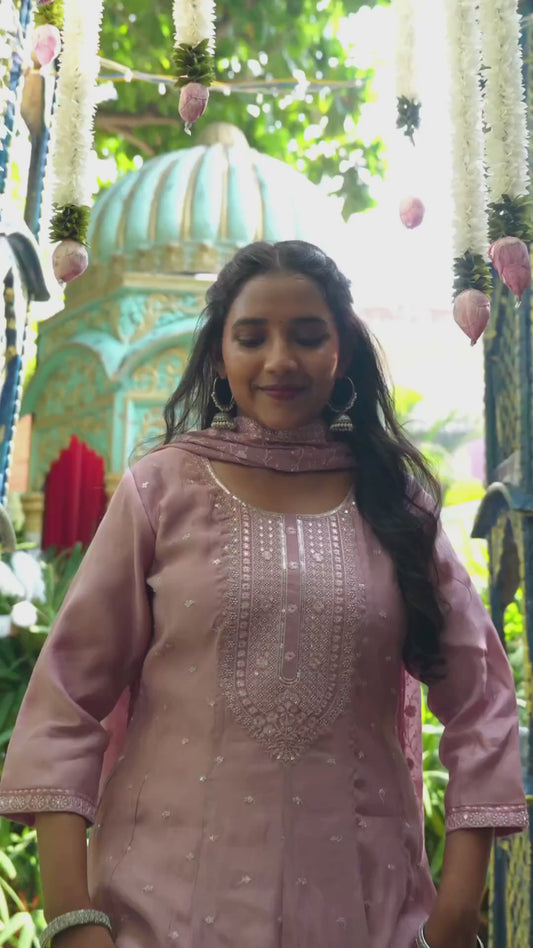Dusty Pink Embroidered Anarkali Set with Matching Dupatta