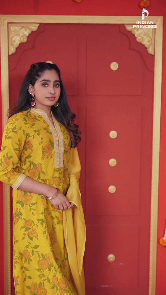 Mustard Yellow Floral Printed Kurta Set with Dupatta